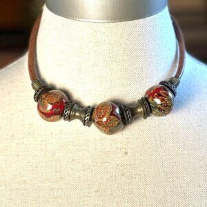 Vintage Boho Ceramic Necklace, Leather Cord Choker